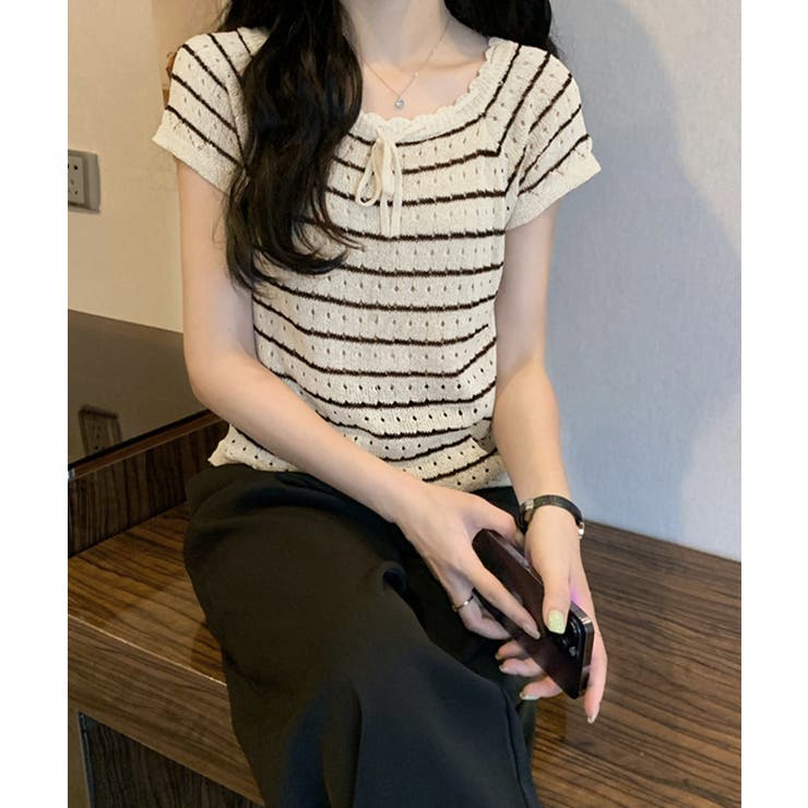 パンチングリボン半袖ニットトップス韓国風 | Miniministore | 詳細画像6 