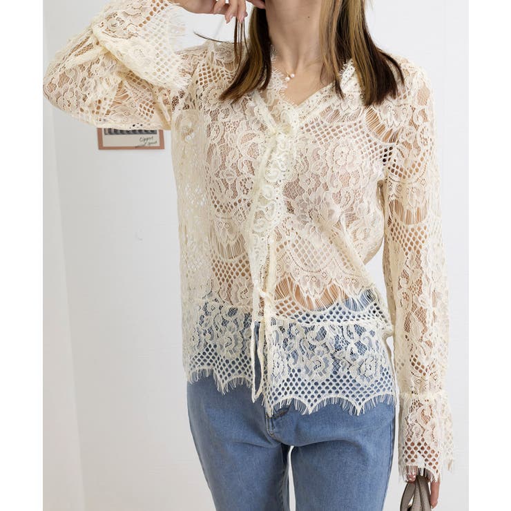 総レースブラウスVネックシースルーシャツ[品番：II000012511