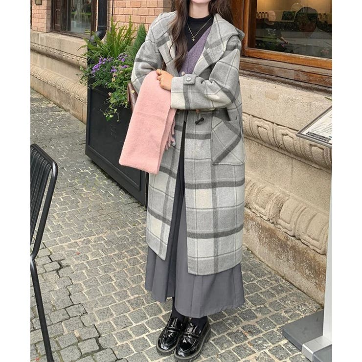 トグルボタンロングコートチェック柄コート | Miniministore | 詳細画像7 