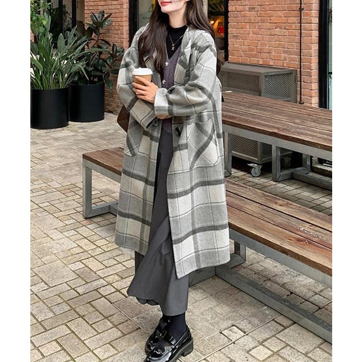 トグルボタンロングコートチェック柄コート | Miniministore | 詳細画像8 