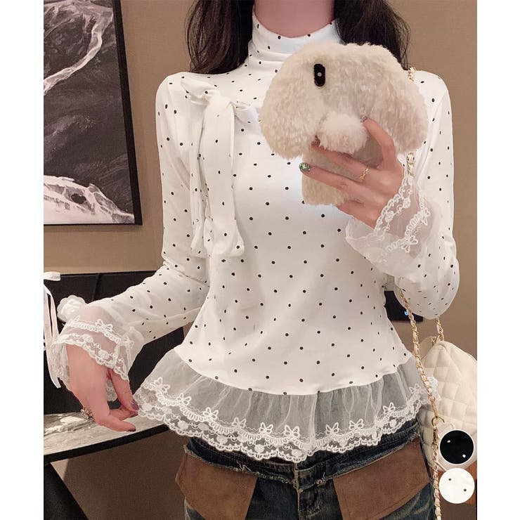 ドット柄 レースフリルトップスハイネック | Miniministore | 詳細画像1 