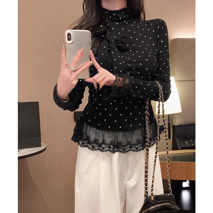 ドット柄 レースフリルトップスハイネック | Miniministore | 詳細画像11 