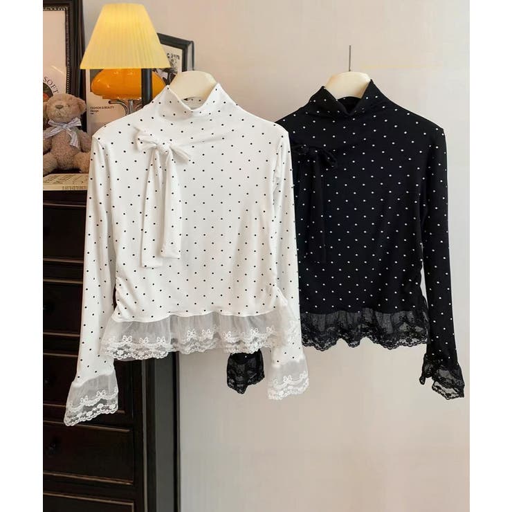 ドット柄 レースフリルトップスハイネック | Miniministore | 詳細画像13 