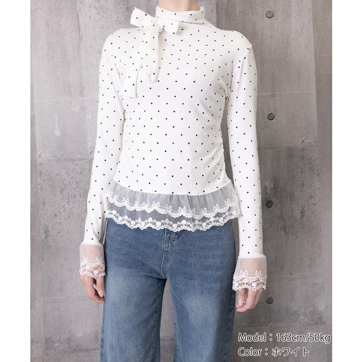 ドット柄 レースフリルトップスハイネック | Miniministore | 詳細画像14 