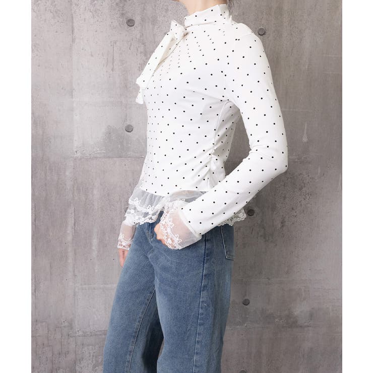 ドット柄 レースフリルトップスハイネック | Miniministore | 詳細画像15 