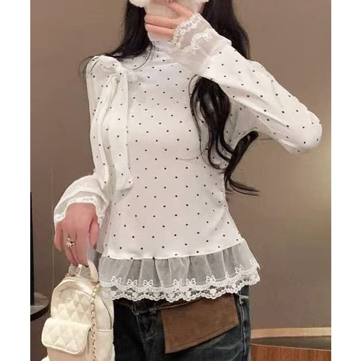ドット柄 レースフリルトップスハイネック | Miniministore | 詳細画像2 