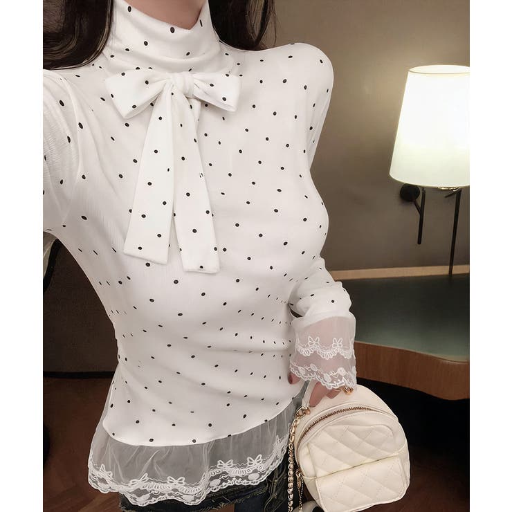 ドット柄 レースフリルトップスハイネック | Miniministore | 詳細画像3 