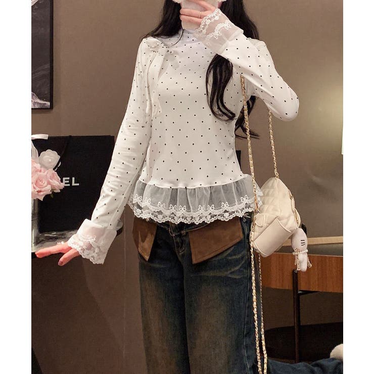 ドット柄 レースフリルトップスハイネック | Miniministore | 詳細画像4 