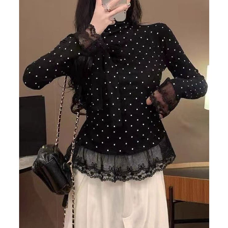 ドット柄 レースフリルトップスハイネック | Miniministore | 詳細画像5 
