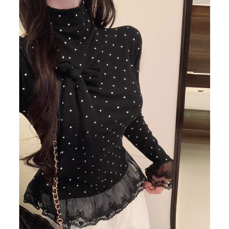 ドット柄 レースフリルトップスハイネック | Miniministore | 詳細画像6 