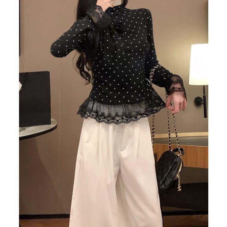 ドット柄 レースフリルトップスハイネック | Miniministore | 詳細画像7 