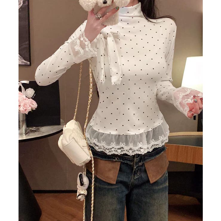 ドット柄 レースフリルトップスハイネック | Miniministore | 詳細画像8 
