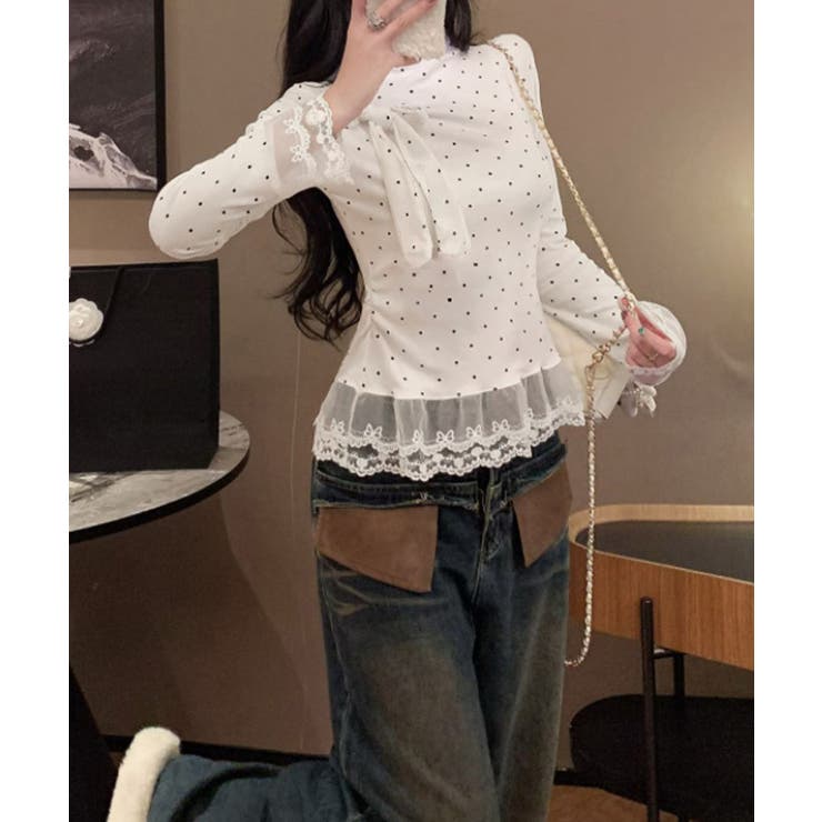 ドット柄 レースフリルトップスハイネック | Miniministore | 詳細画像9 