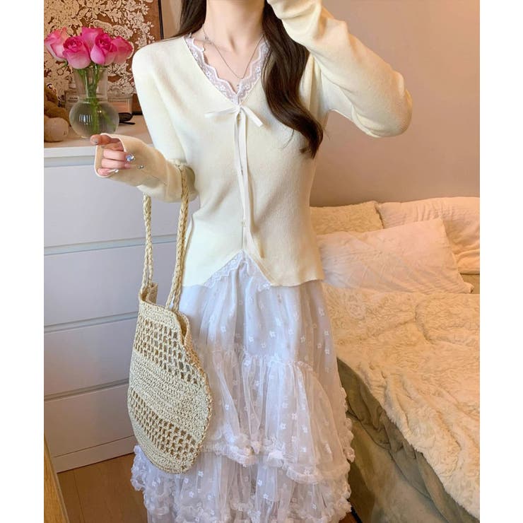 リボンニットトップスレース切り替え 長袖 | Miniministore | 詳細画像3 