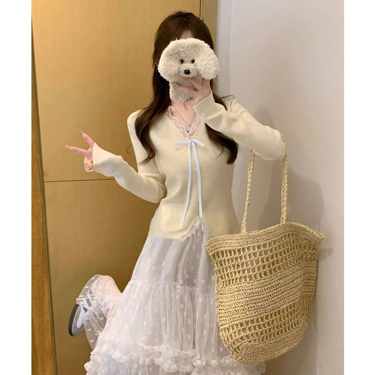 リボンニットトップスレース切り替え 長袖 | Miniministore | 詳細画像5 