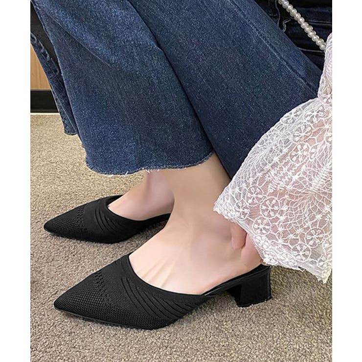 ニットミュールパンプス チャンキーヒール[品番：II000011669