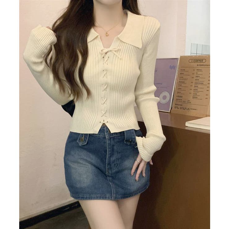 レースアップ リブニットトップス 韓国風 | Miniministore | 詳細画像2 