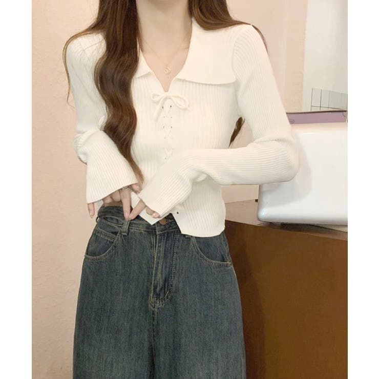 レースアップ リブニットトップス 韓国風 | Miniministore | 詳細画像7 