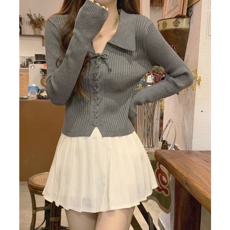 レースアップ リブニットトップス 韓国風 | Miniministore | 詳細画像9 
