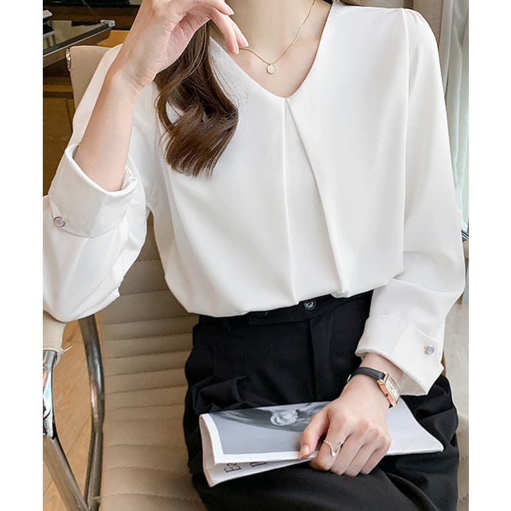 Vネックシフォンブラウス タックブラウス | Miniministore | 詳細画像2 