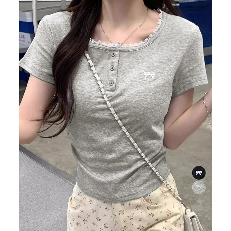 ワンポイントリボンTシャツレース配色半袖 | Miniministore | 詳細画像1 
