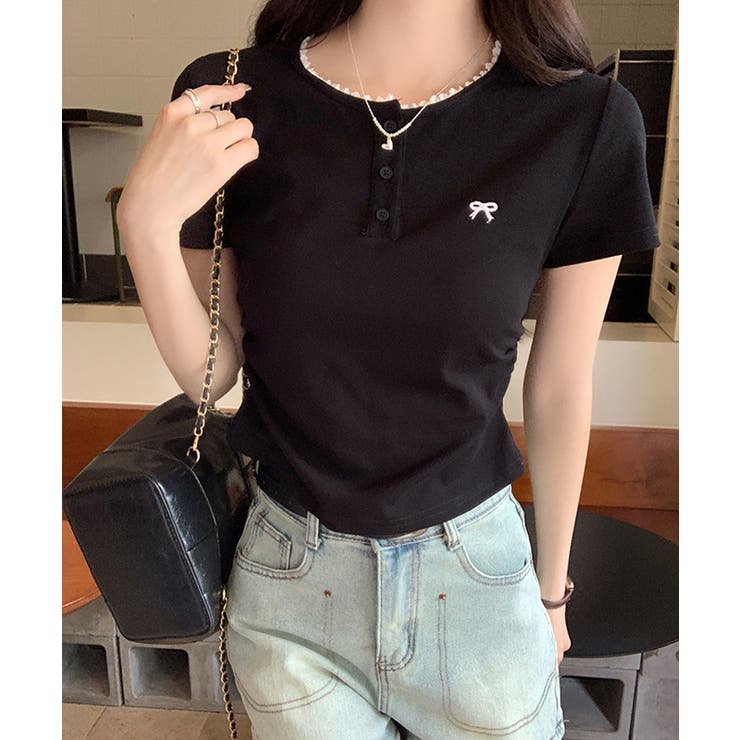 ワンポイントリボンTシャツレース配色半袖 | Miniministore | 詳細画像11 