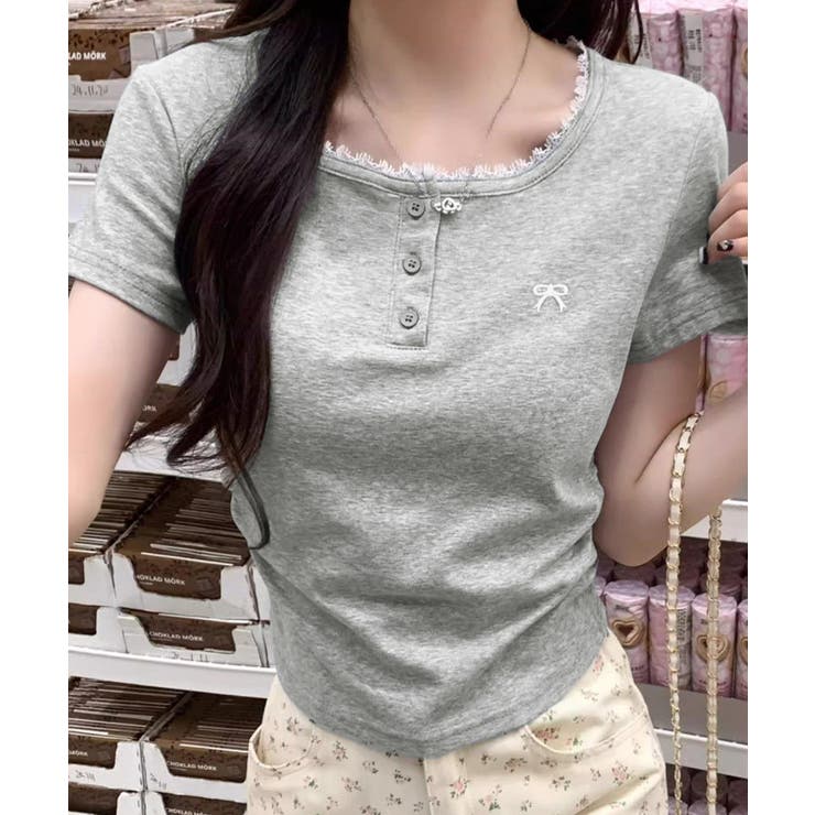 ワンポイントリボンTシャツレース配色半袖 | Miniministore | 詳細画像3 