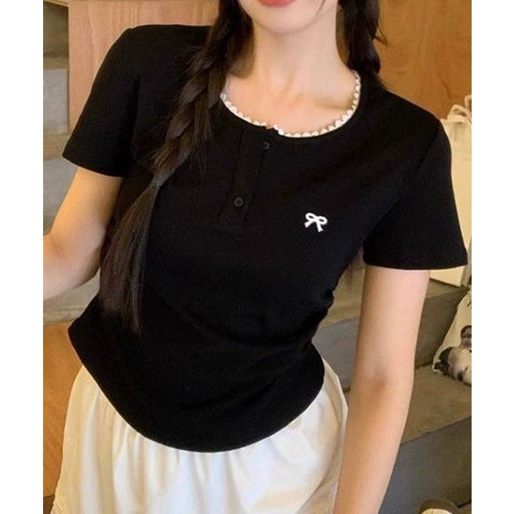 ワンポイントリボンTシャツレース配色半袖 | Miniministore | 詳細画像4 