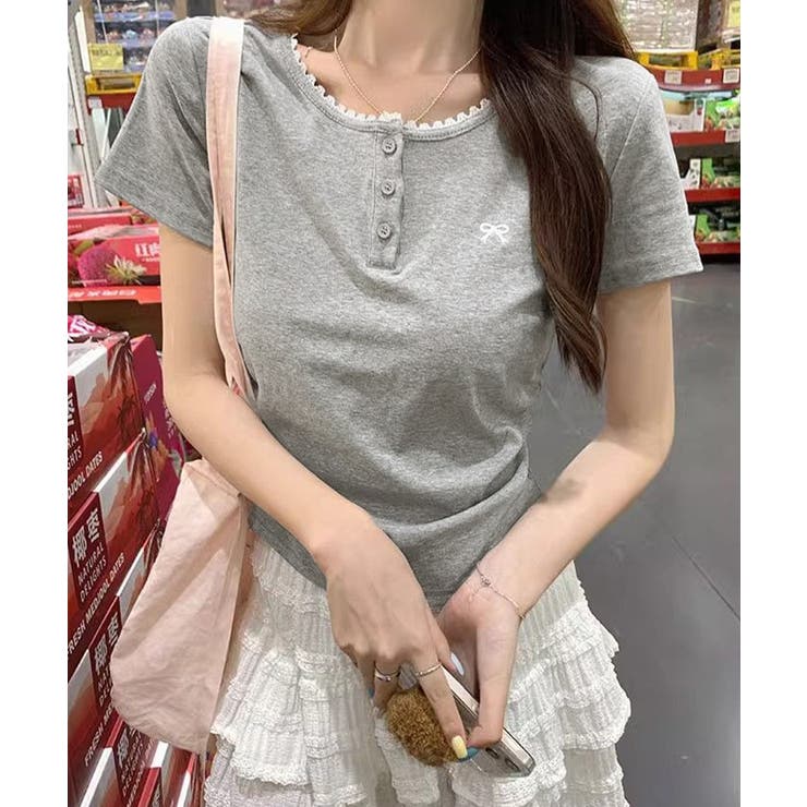 ワンポイントリボンTシャツレース配色半袖 | Miniministore | 詳細画像6 