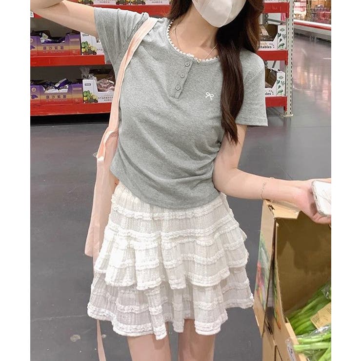 ワンポイントリボンTシャツレース配色半袖 | Miniministore | 詳細画像7 