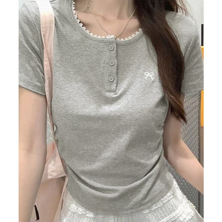 ワンポイントリボンTシャツレース配色半袖 | Miniministore | 詳細画像9 