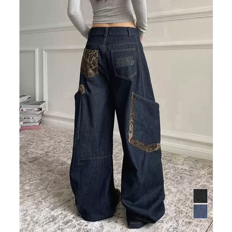 デニムカーブパンツ レオパード柄ポケット | Miniministore | 詳細画像1 