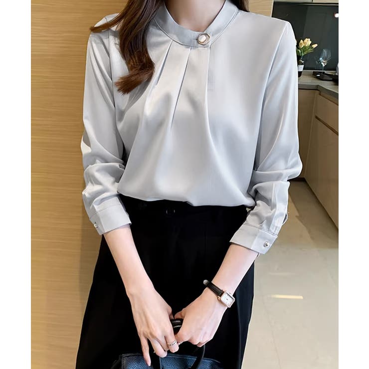 ブルーグレー | シルク風ブラウス 長袖トップス きれいめ | Miniministore