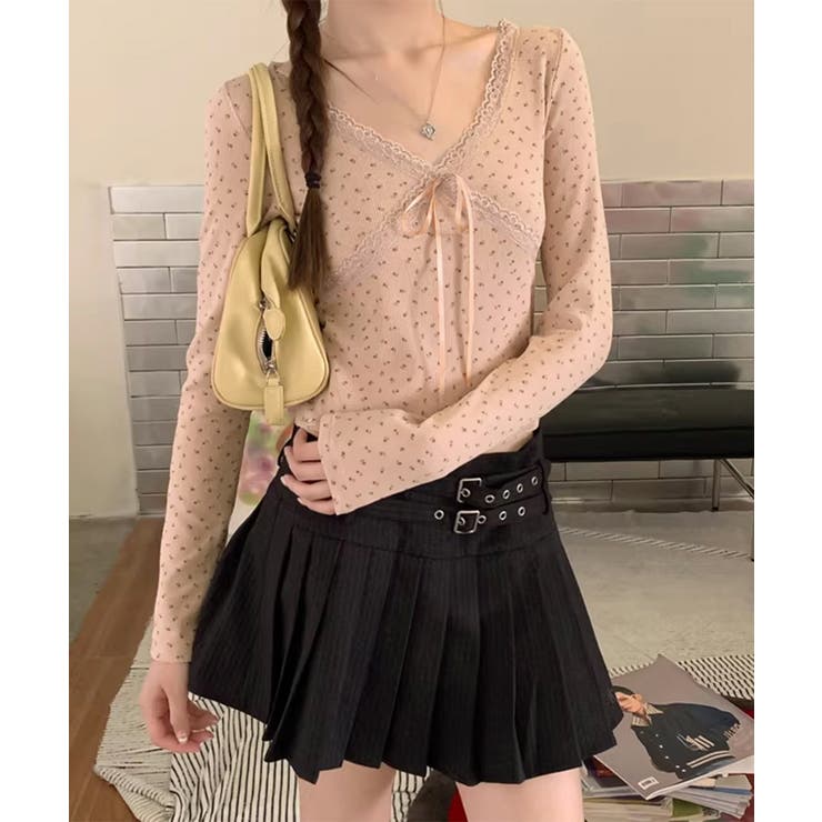 ピンク系（花柄） | カップ付きトップス レディース Vネック | Miniministore