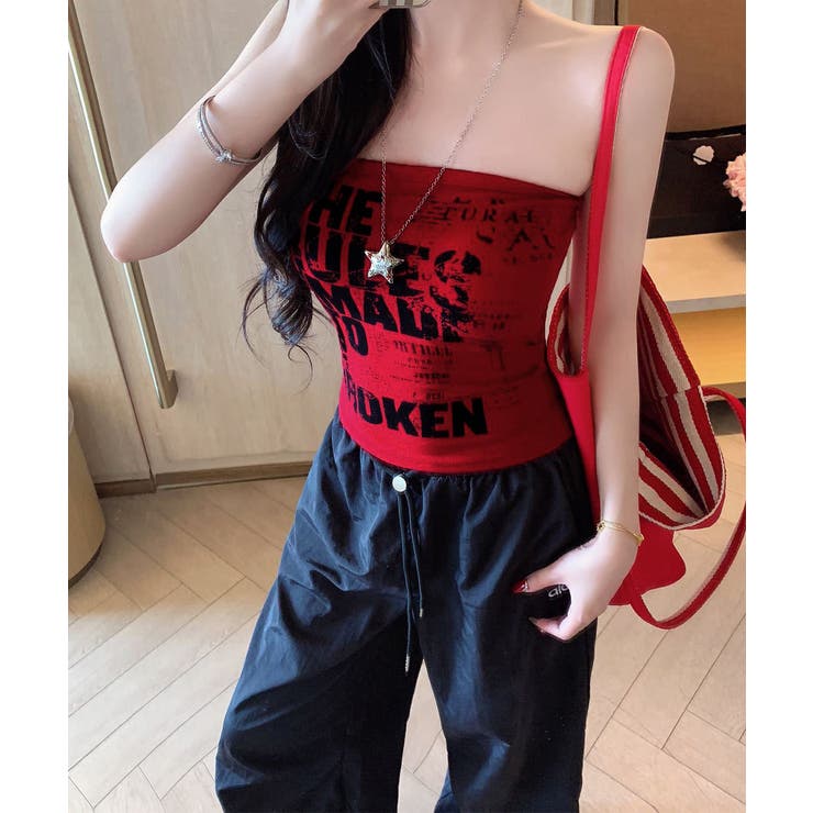 レッド | 英字ロゴチューブトップカップ付ベアトップ | Miniministore