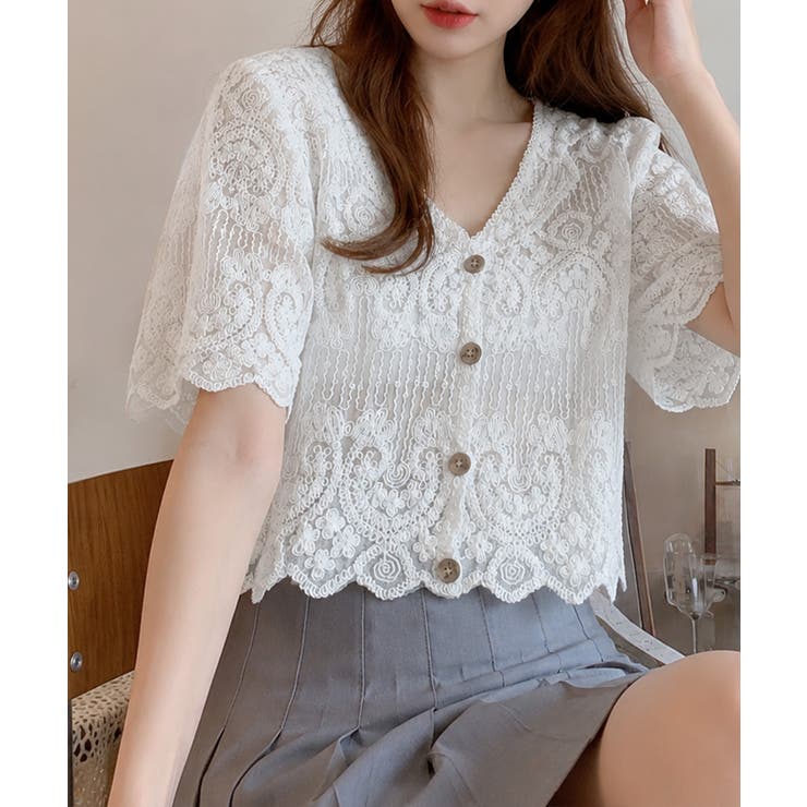 ホワイト | 透かし編み花柄レース半袖カーディガン春夏 | Miniministore