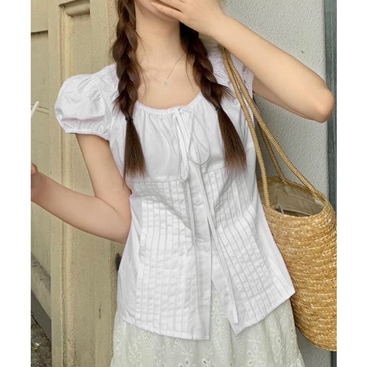 ホワイト | パフスリーブ プリーツリボンブラウス半袖 | Miniministore