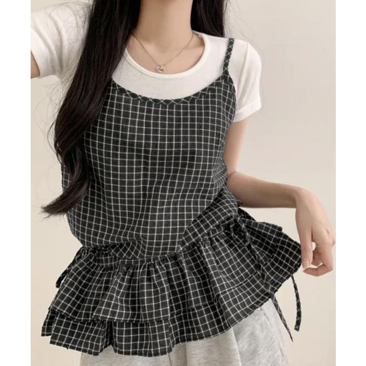 ブラック | チェック柄 フリルキャミソールチュニック | Miniministore