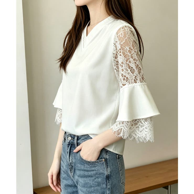 アイボリー | 花柄レースVネックブラウスフレア袖春夏服 | Miniministore