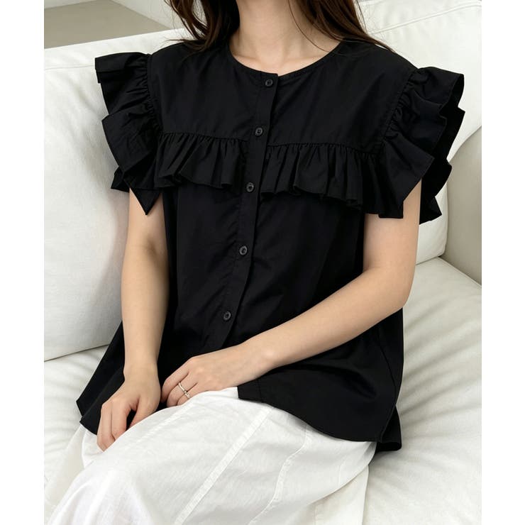 ブラック | レディースフリルブラウス 半袖シャツ夏服 | Miniministore