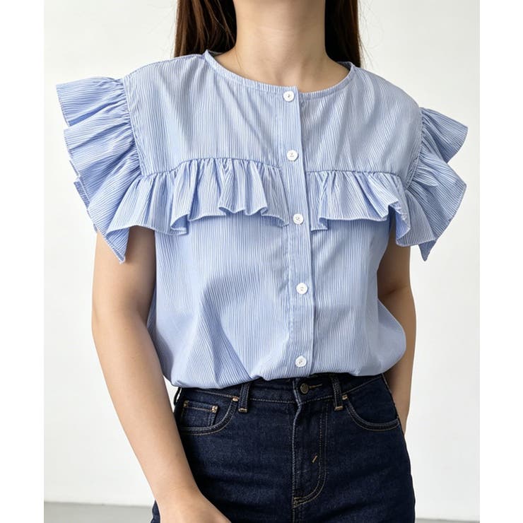 ブルー | レディースフリルブラウス 半袖シャツ夏服 | Miniministore