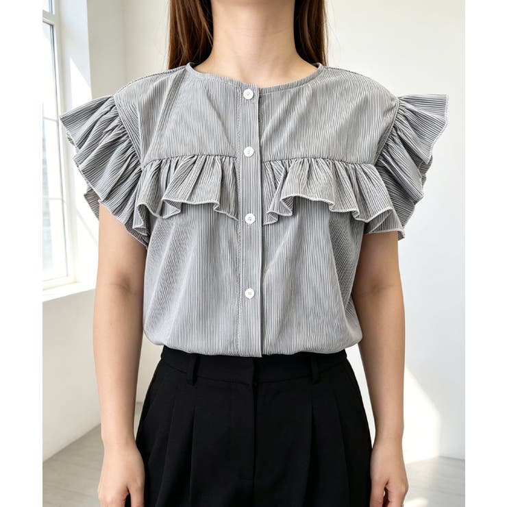 グレー | レディースフリルブラウス 半袖シャツ夏服 | Miniministore