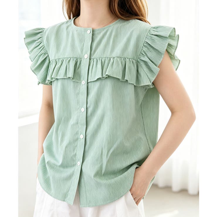 グリーン | レディースフリルブラウス 半袖シャツ夏服 | Miniministore