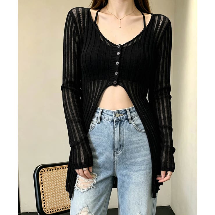 ブラック | ダメージ シアーニットトップス長袖透け感 | Miniministore