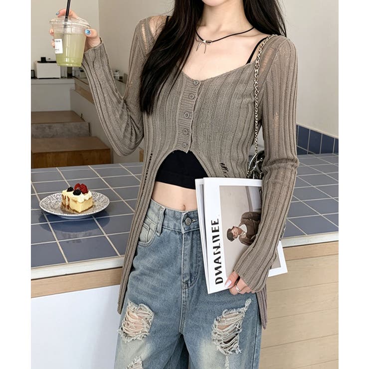 グレイッシュベージュ | ダメージ シアーニットトップス長袖透け感 | Miniministore