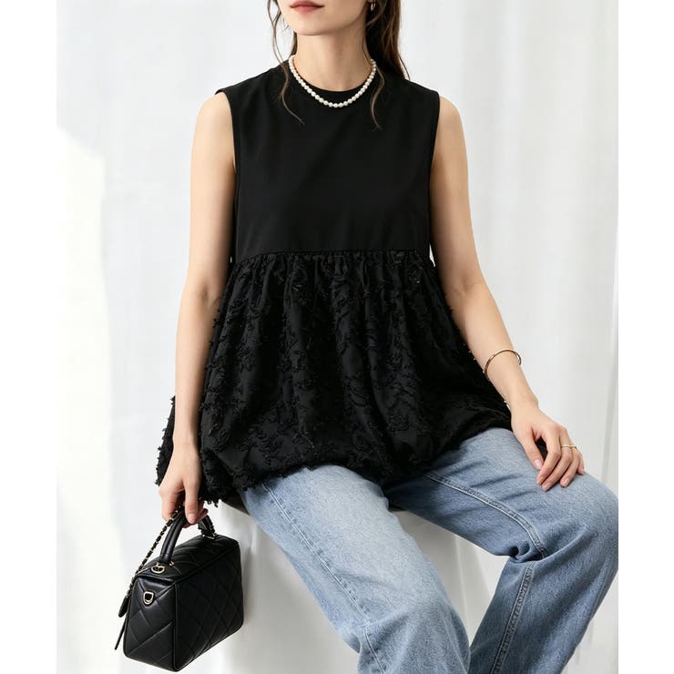 ブラック | レディース クルーネックtシャツ 華やかなドッキングトップス大人可愛い | SUNSHINE CLOSET