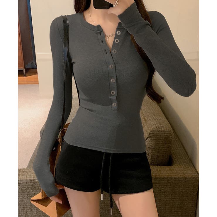 ダークグレー | ハーフボタンカットソー長袖タイトtシャツ | Miniministore