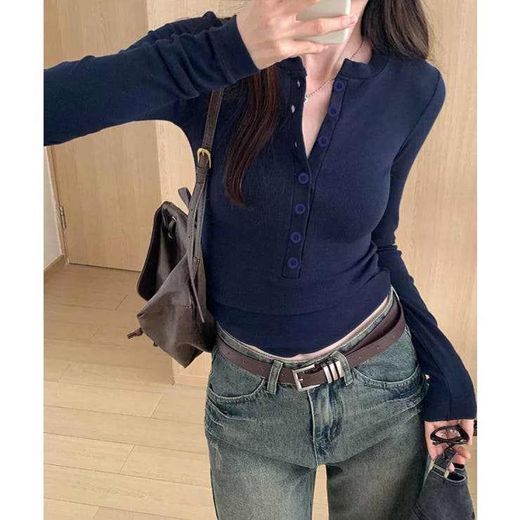 ネイビー | ハーフボタンカットソー長袖タイトtシャツ | Miniministore