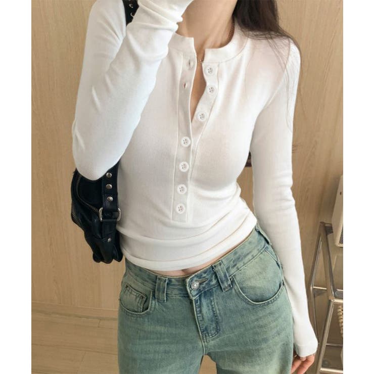 ホワイト | ハーフボタンカットソー長袖タイトtシャツ | Miniministore