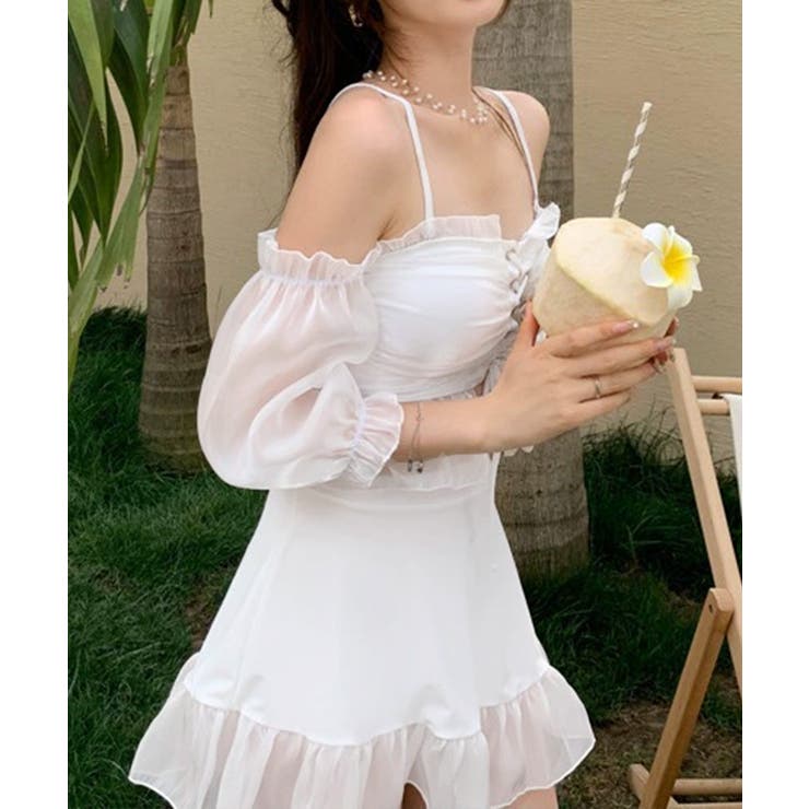 ホワイト | 体型カバー水着レディース フリルトップス シアースリーブ付き | SUNSHINE CLOSET